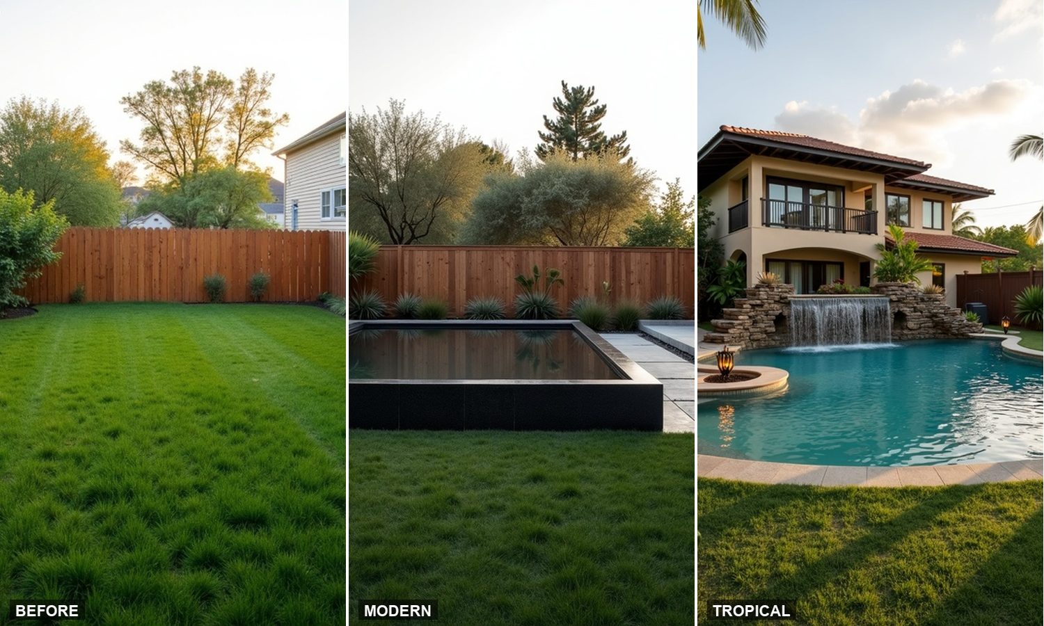 Three styles, one yard. Before, modern, tropical.
